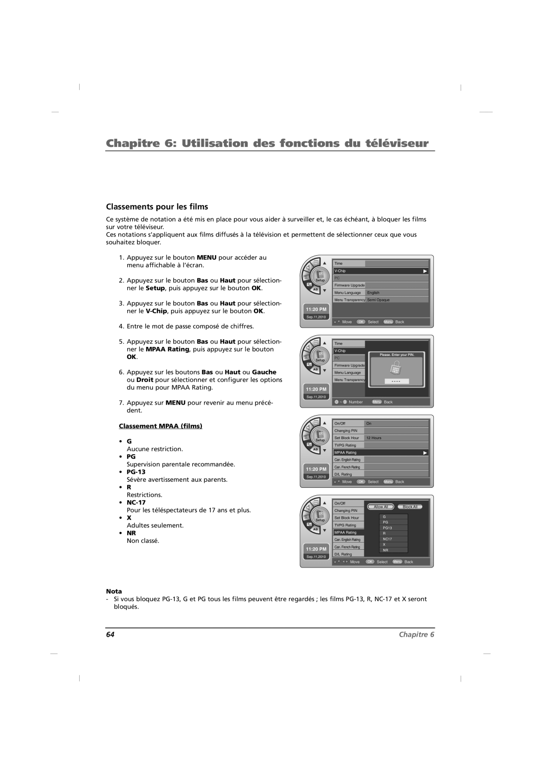 RCA J42HE840 manual Classements pour les films, Classement Mpaa films, Aucune restriction Supervision parentale recommandée 