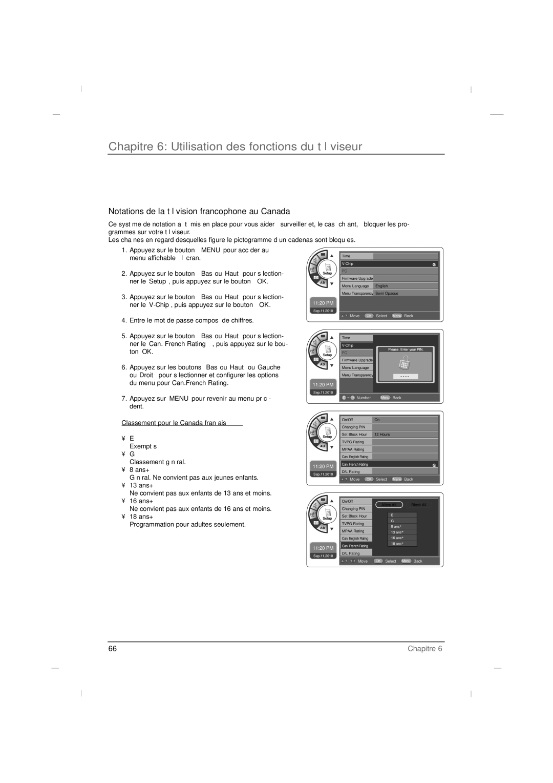 RCA J32HE740, J42HE840 manual Notations de la télévision francophone au Canada, Classement pour le Canada français Exemptés 