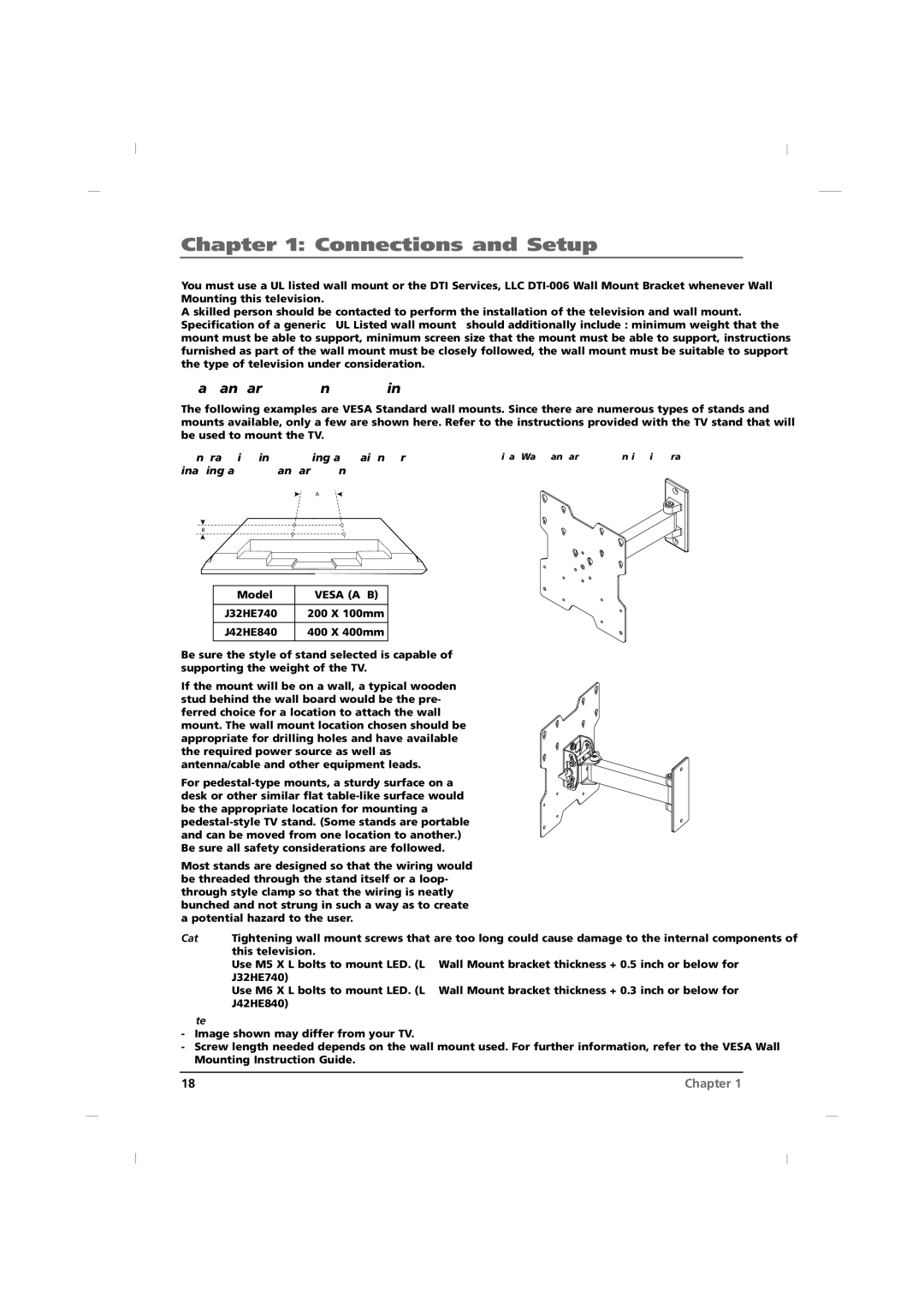 RCA J32HE740, J42HE840, J26HE840 Vesa Standard TV Mounts 32/42 inches, General Guidelines Choosing a location for, Model 