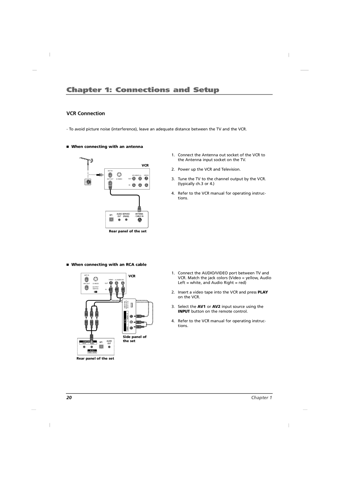 RCA J26HE840, J32HE740, J42HE840 manual VCR Connection, When connecting with an antenna, When connecting with an RCA cable 