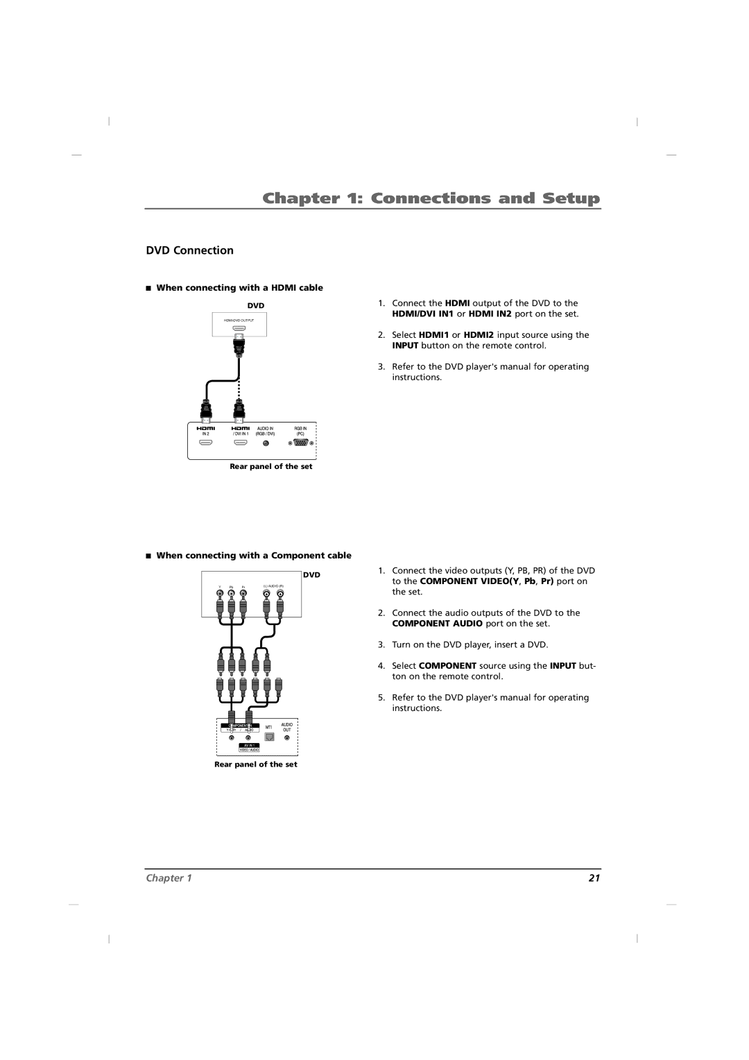 RCA J32HE740, J42HE840, J26HE840 DVD Connection, When connecting with a Hdmi cable, When connecting with a Component cable 