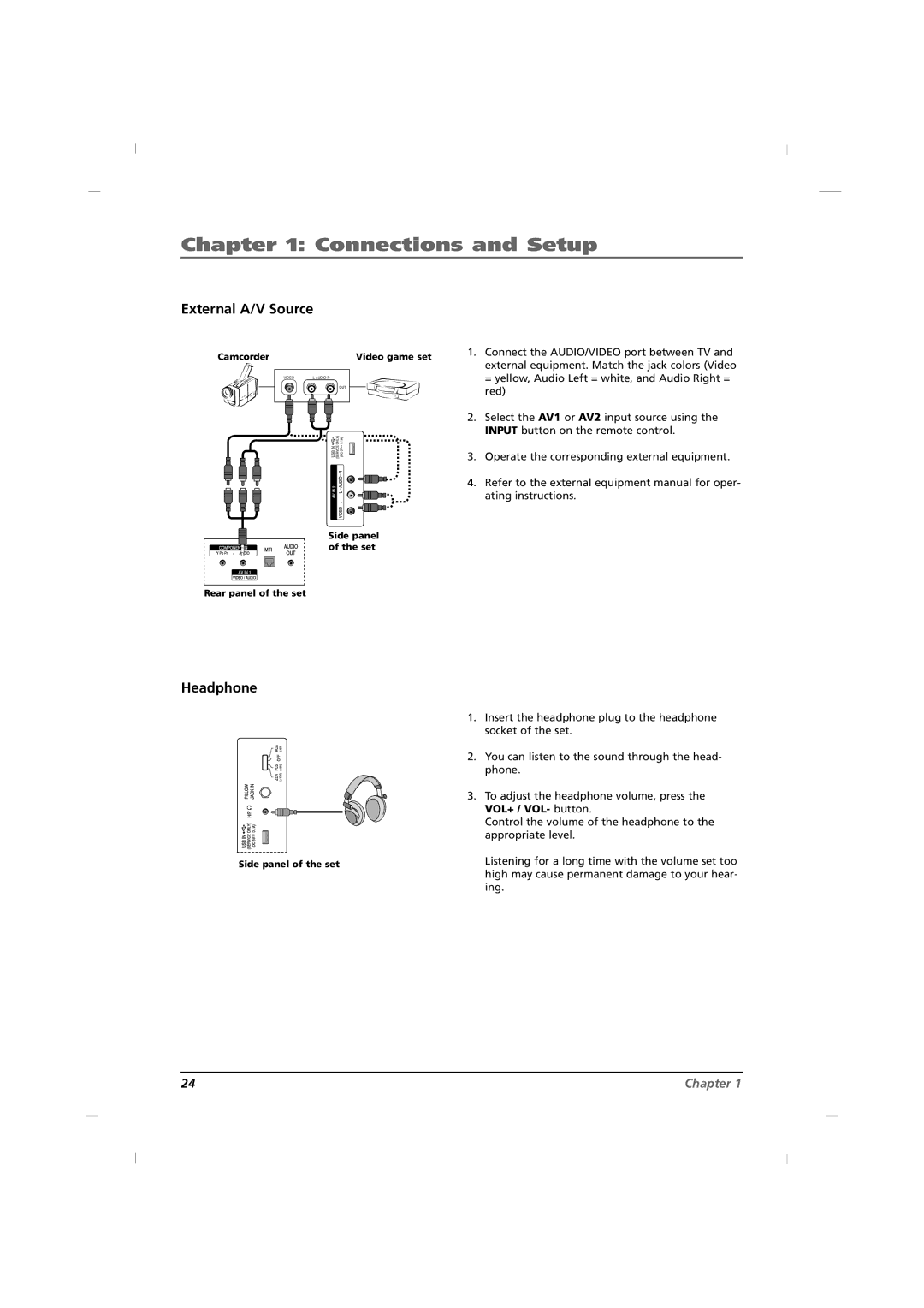 RCA J32HE740, J42HE840, J26HE840 manual External A/V Source, Headphone 