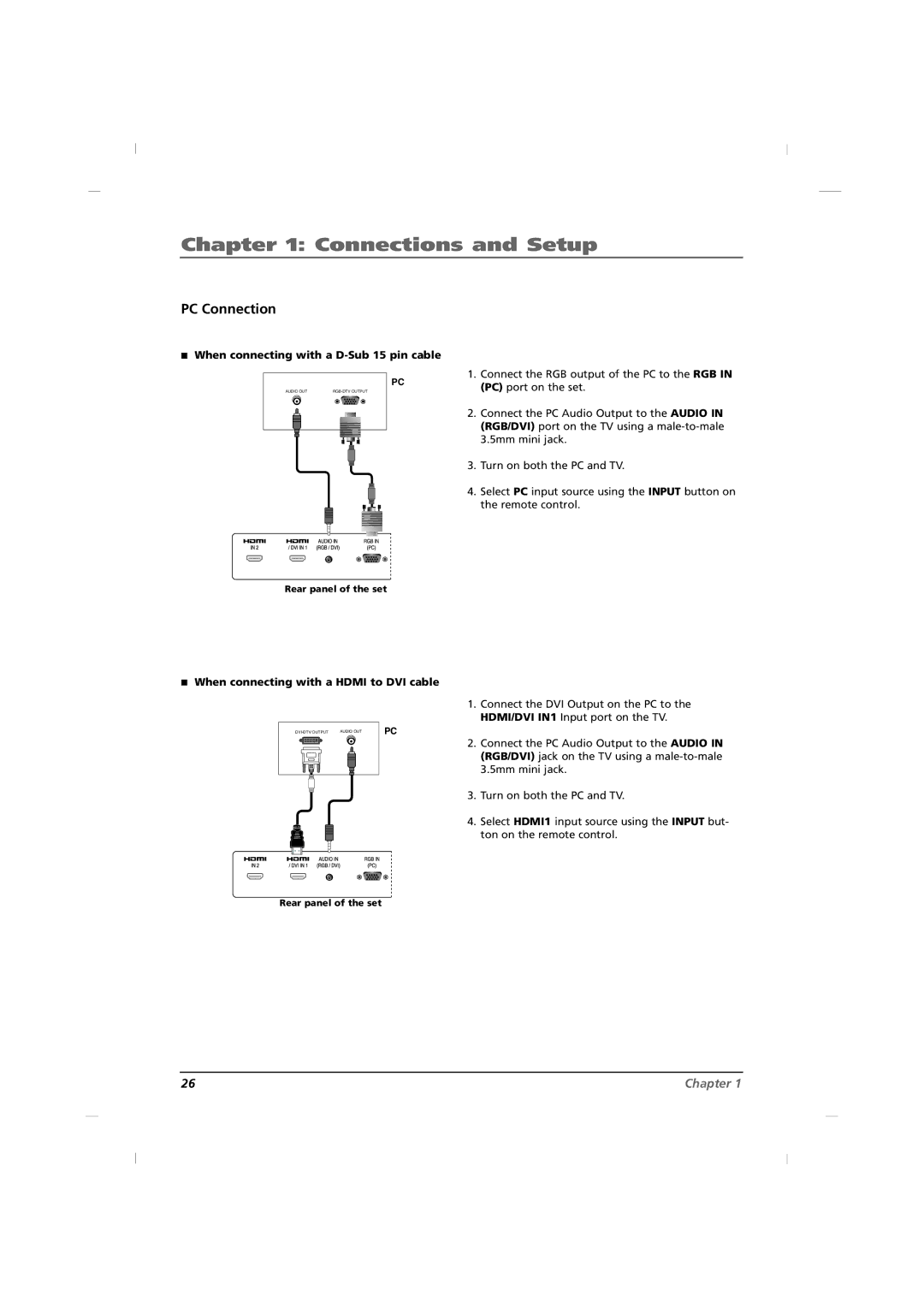 RCA J26HE840, J32HE740, J42HE840 manual PC Connection, When connecting with a D-Sub 15 pin cable 