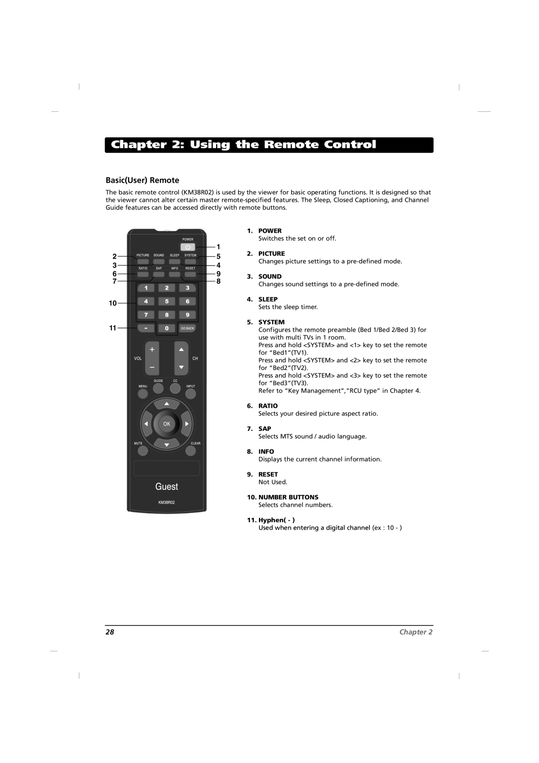 RCA J42HE840, J32HE740, J26HE840 manual Using the Remote Control, BasicUser Remote, Sap 