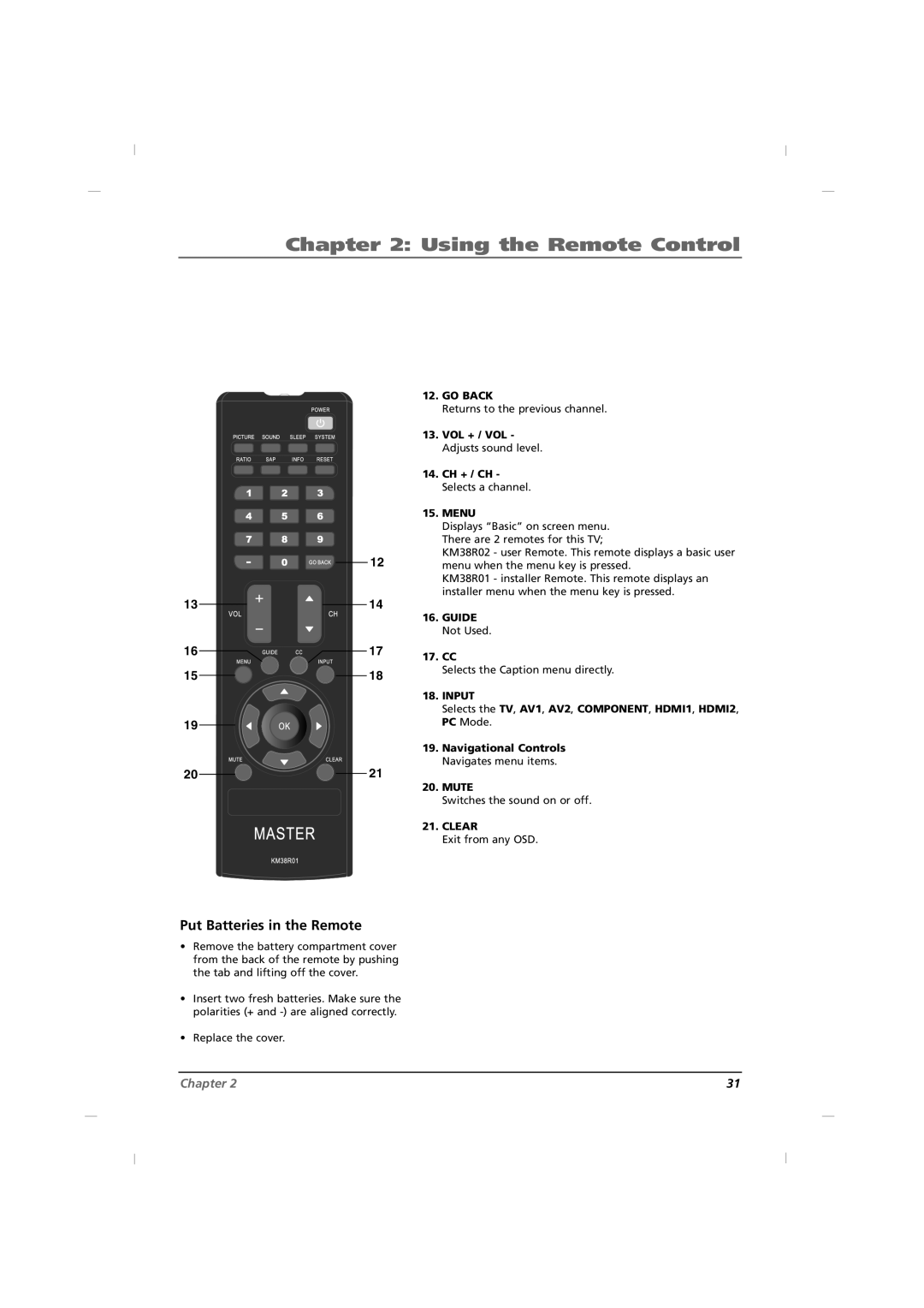 RCA J42HE840, J32HE740, J26HE840 manual Put Batteries in the Remote 