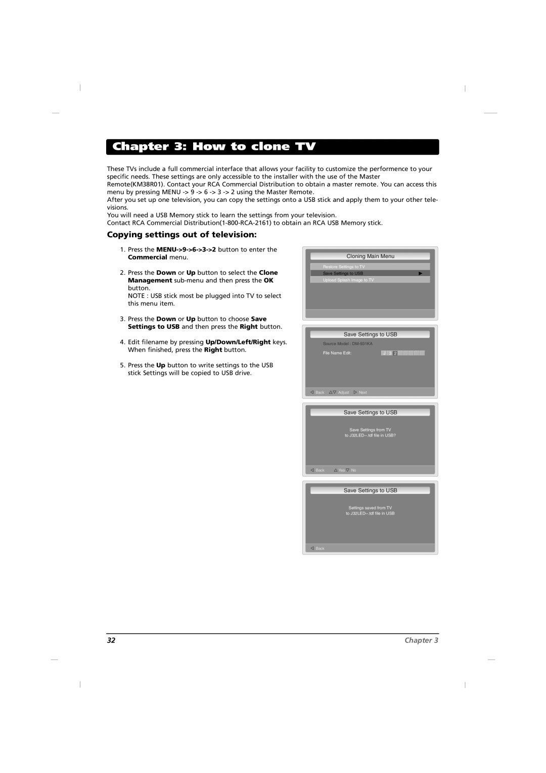 RCA J26HE840, J32HE740, J42HE840 manual How to clone TV, Copying settings out of television 