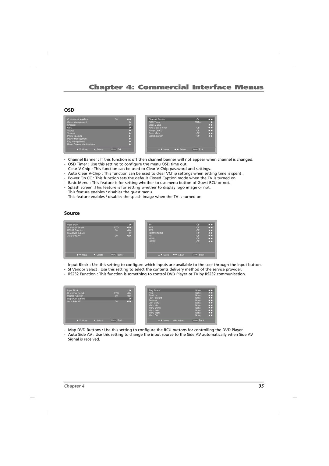 RCA J26HE840, J32HE740, J42HE840 manual Commercial Interface Menus, Source 