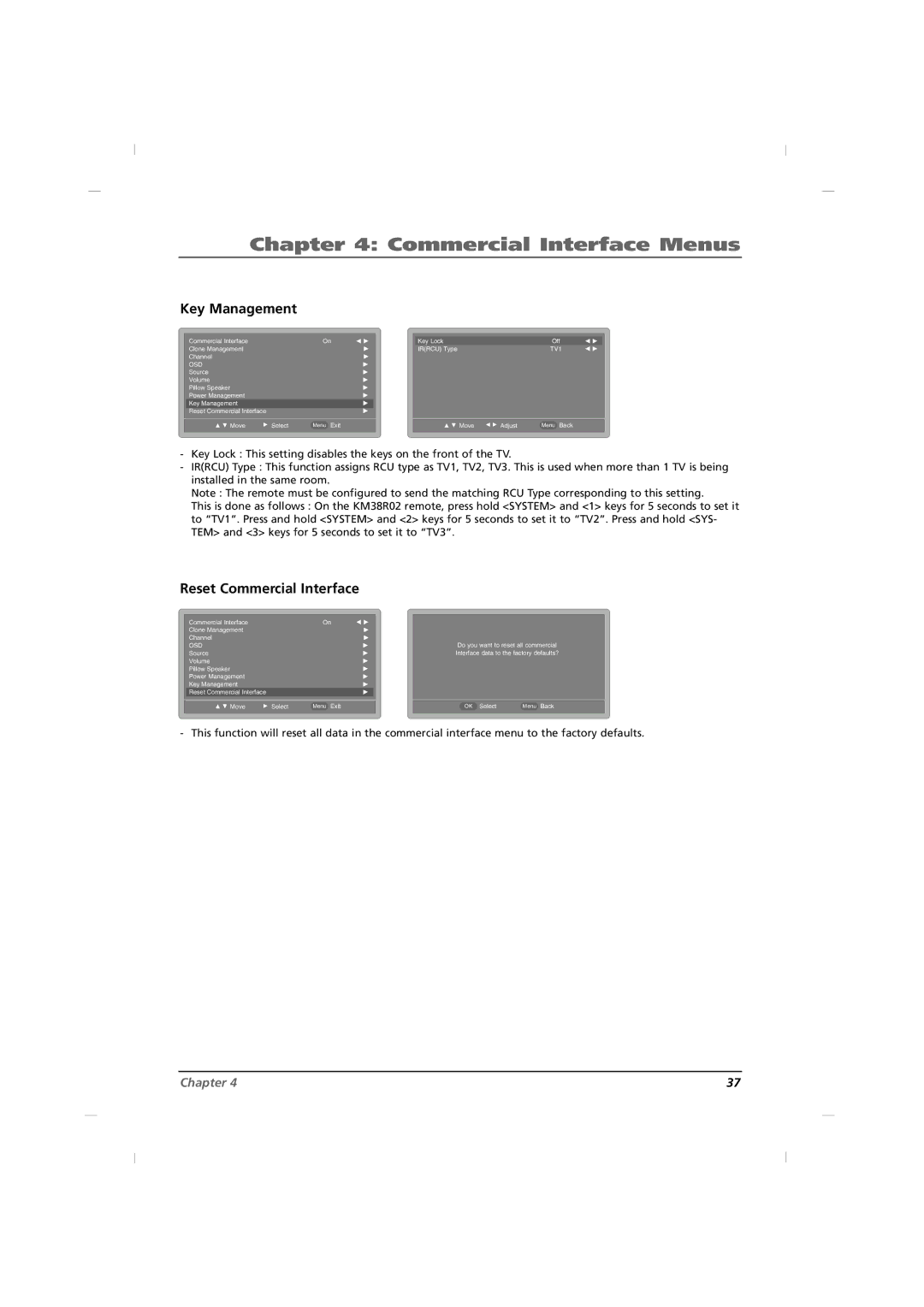 RCA J42HE840, J32HE740, J26HE840 manual Key Management, Reset Commercial Interface 