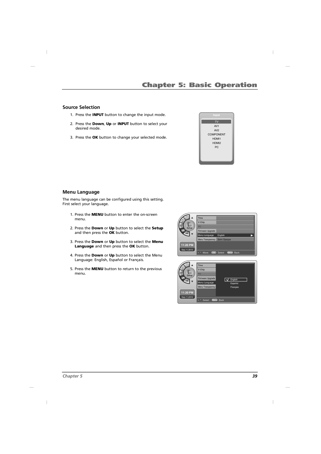 RCA J32HE740, J42HE840, J26HE840 manual Basic Operation, Source Selection, Menu Language 