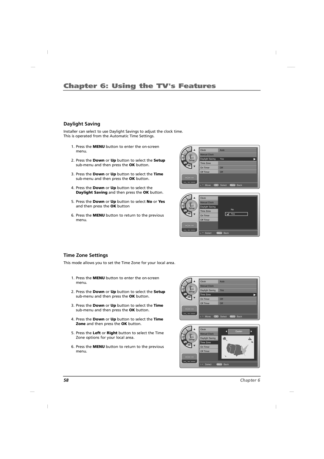 RCA J42HE840, J32HE740, J26HE840 manual Daylight Saving, Time Zone Settings 