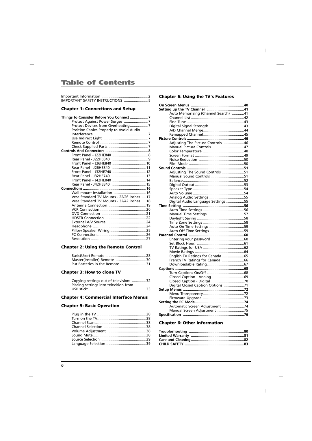 RCA J32HE740, J42HE840, J26HE840 manual Table of Contents 