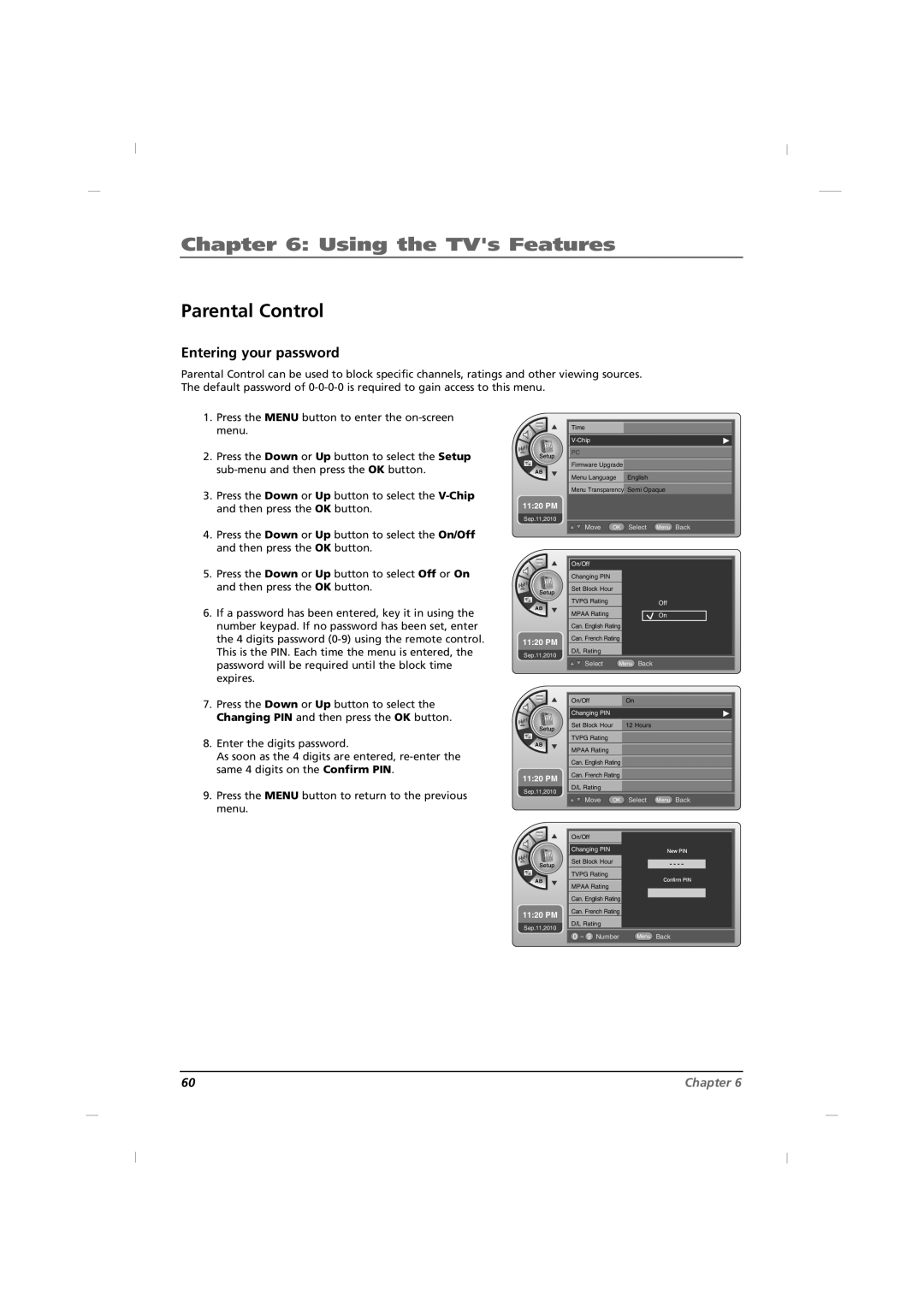 RCA J32HE740, J42HE840, J26HE840 manual Parental Control, Entering your password 