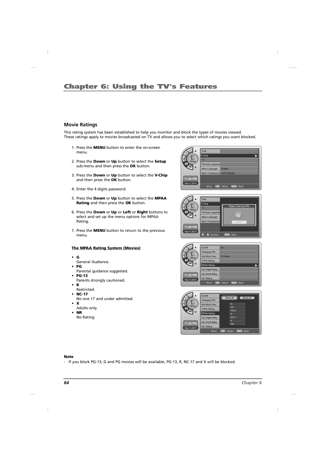 RCA J42HE840, J32HE740, J26HE840 manual Movie Ratings, Mpaa Rating System Movies, PG-13, Restricted NC-17 