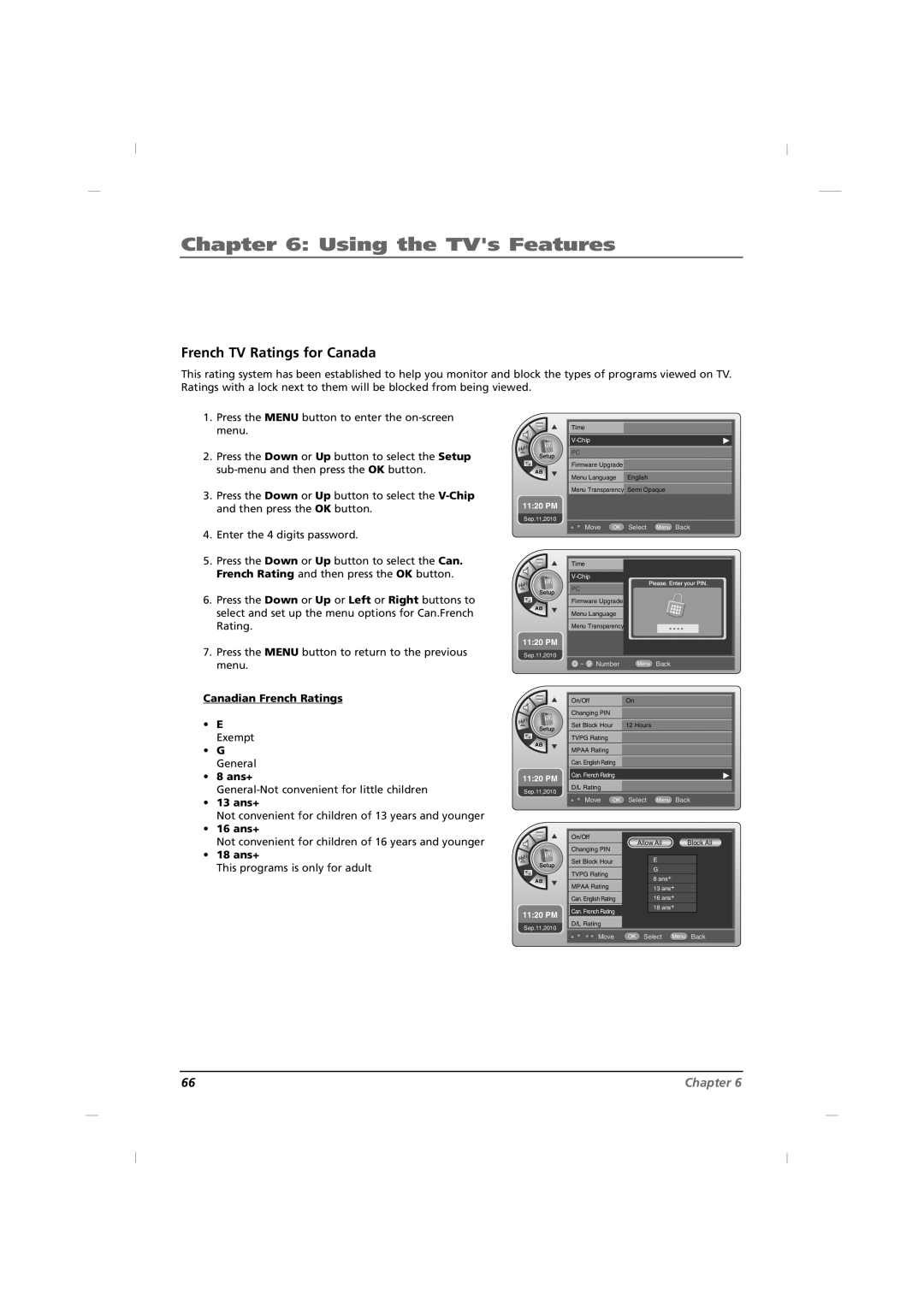 RCA J32HE740 manual French TV Ratings for Canada, Canadian French Ratings Exempt General Ans+, 13 ans+, 16 ans+, 18 ans+ 