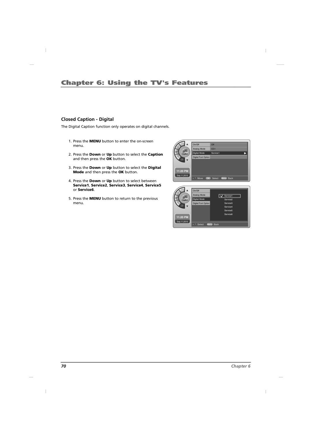 RCA J42HE840, J32HE740, J26HE840 Closed Caption Digital, Service1 , Service2 , Service3 , Service4 , Service5, Or Service6 