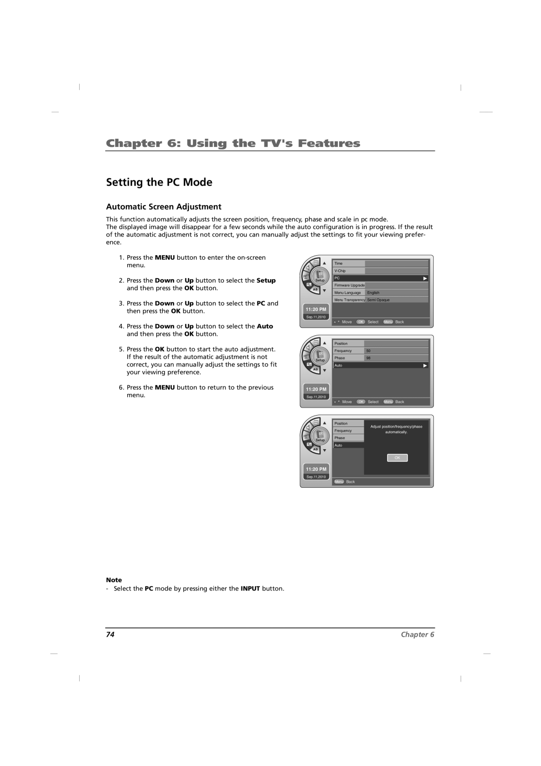 RCA J26HE840 Setting the PC Mode, Automatic Screen Adjustment, Select the PC mode by pressing either the Input button 