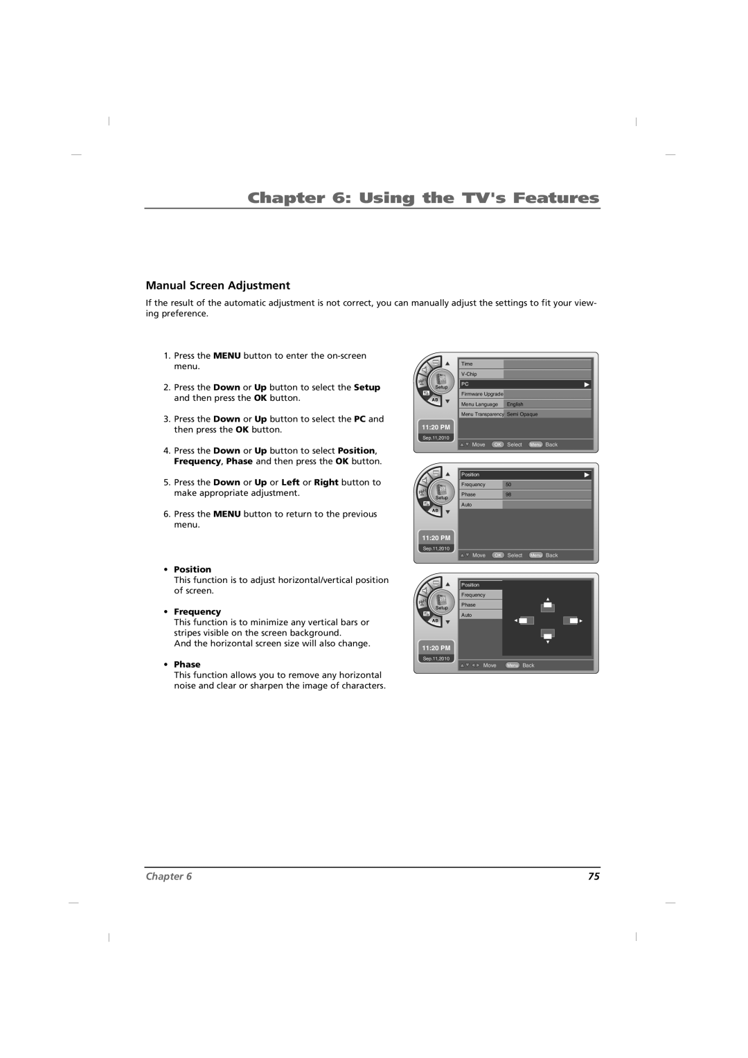 RCA J32HE740, J42HE840, J26HE840 manual Manual Screen Adjustment, Position, Frequency, Phase 