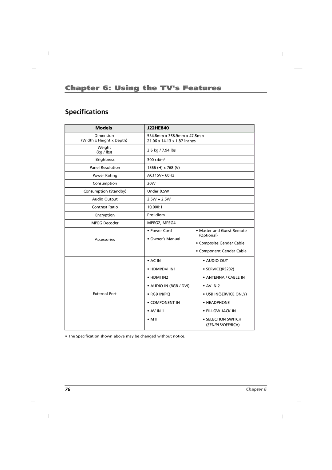 RCA J42HE840, J32HE740, J26HE840 manual Specifications 