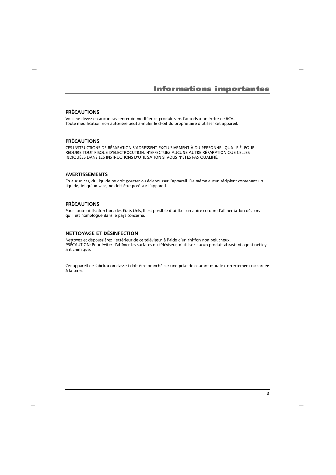 RCA J32HE740, J42HE840, J26HE840 manual Précautions 