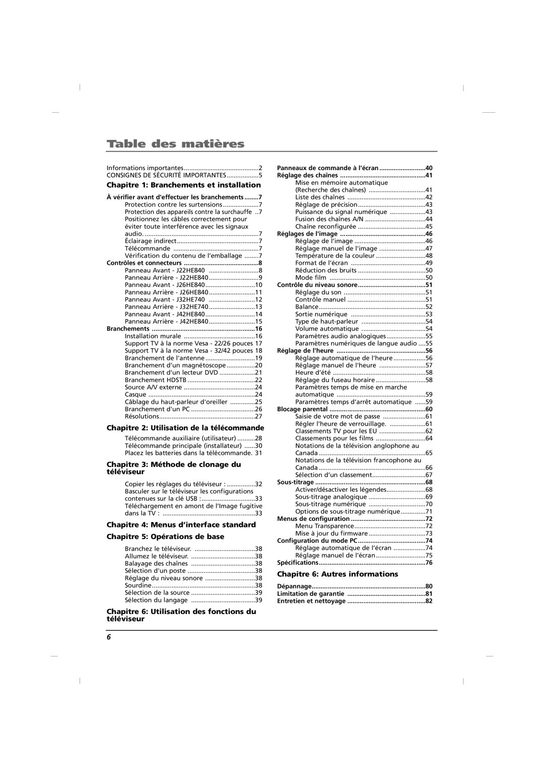 RCA J32HE740, J42HE840, J26HE840 manual Table des matières 