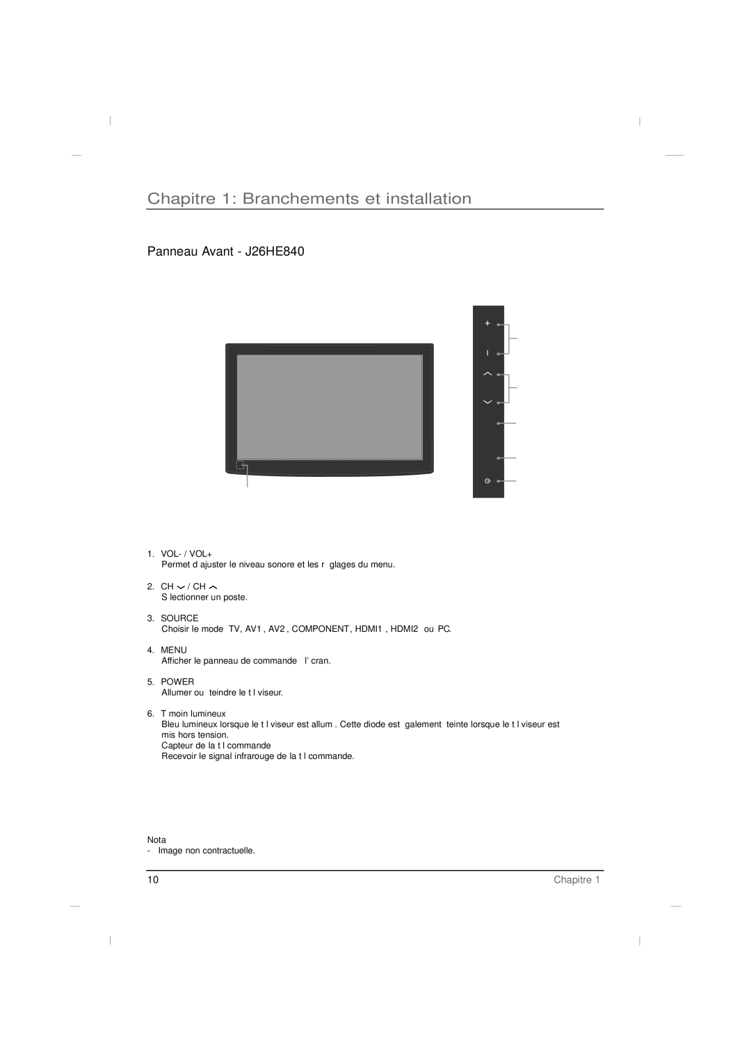 RCA J42HE840, J32HE740 manual Panneau Avant J26HE840 