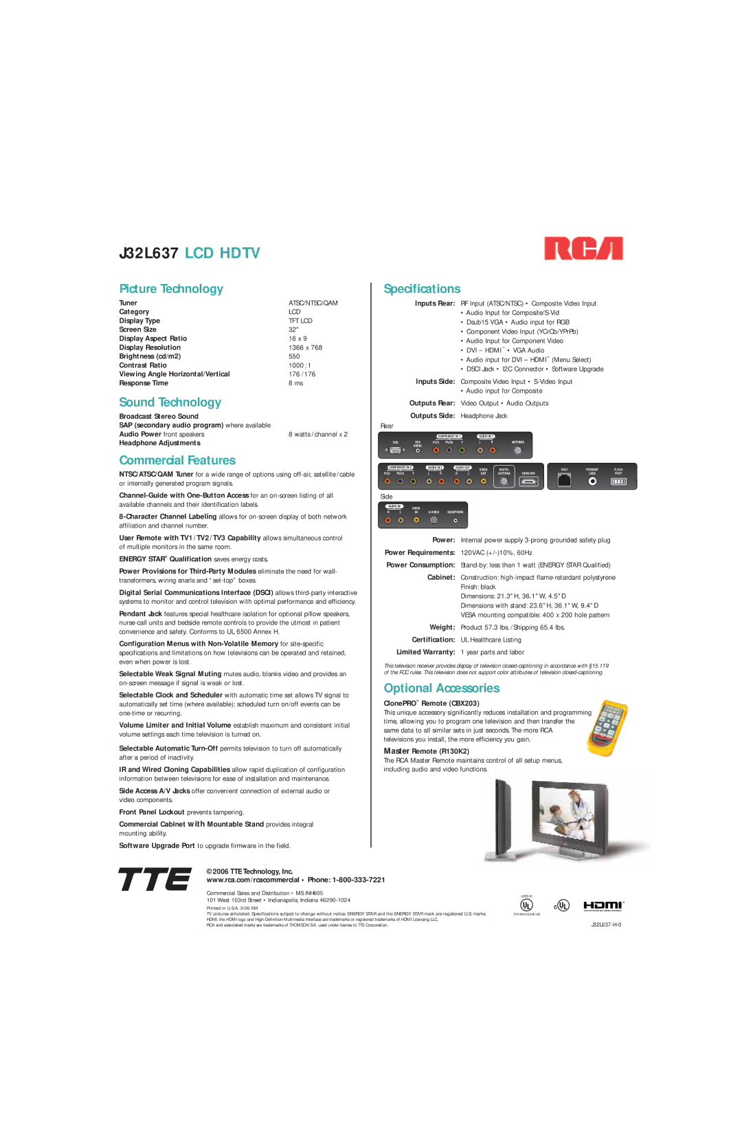 RCA J32L637-H-0 manual Picture Technology Specifications, Sound Technology, Commercial Features, Optional Accessories 