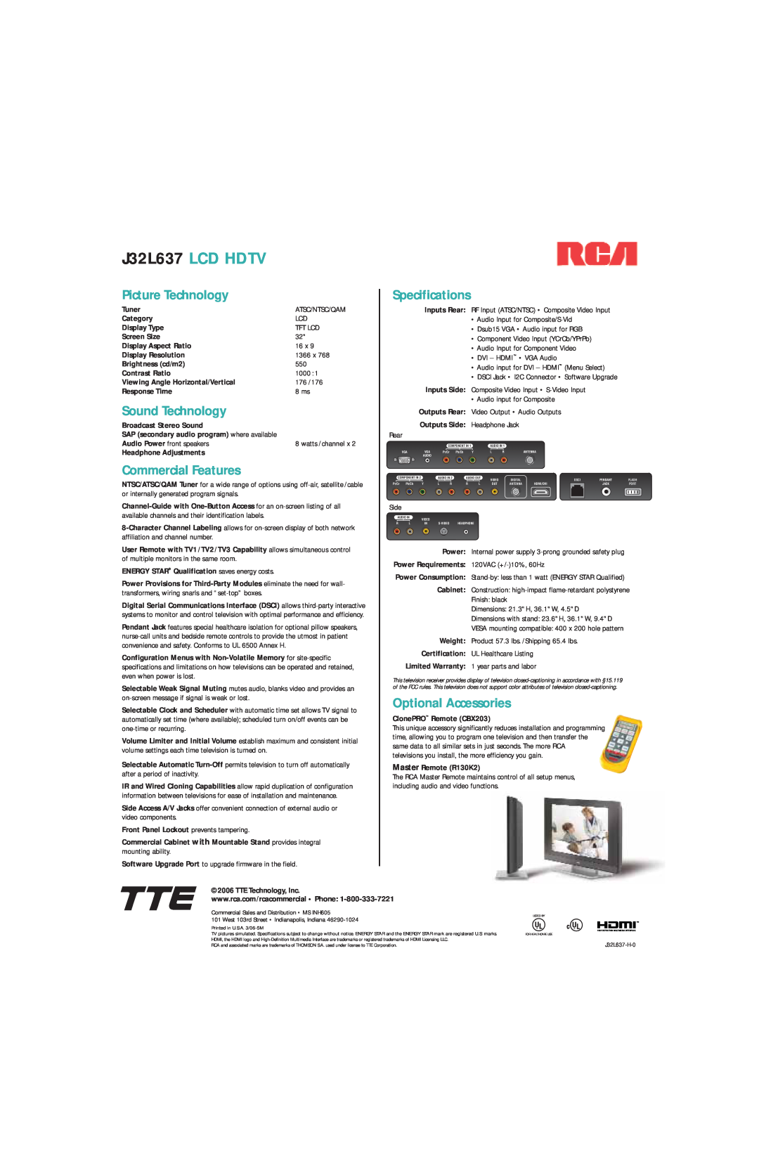 RCA J32L637-H-0 manual J32L637 LCD HDTV, Picture Technology, Specifications, Sound Technology, Commercial Features 