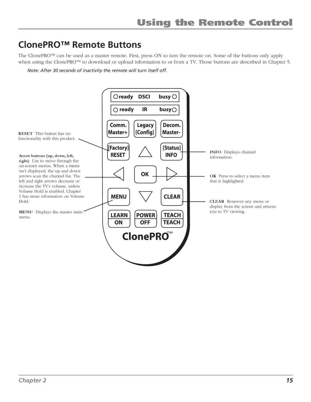 RCA J32L637 manual Using the Remote Control, ClonePRO Remote Buttons 