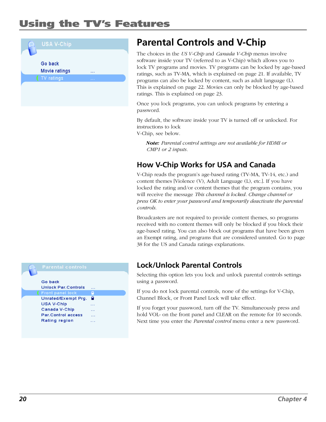 RCA J32L637 manual Using the TV’s Features, Parental Controls and V-Chip, How V-Chip Works for USA and Canada 