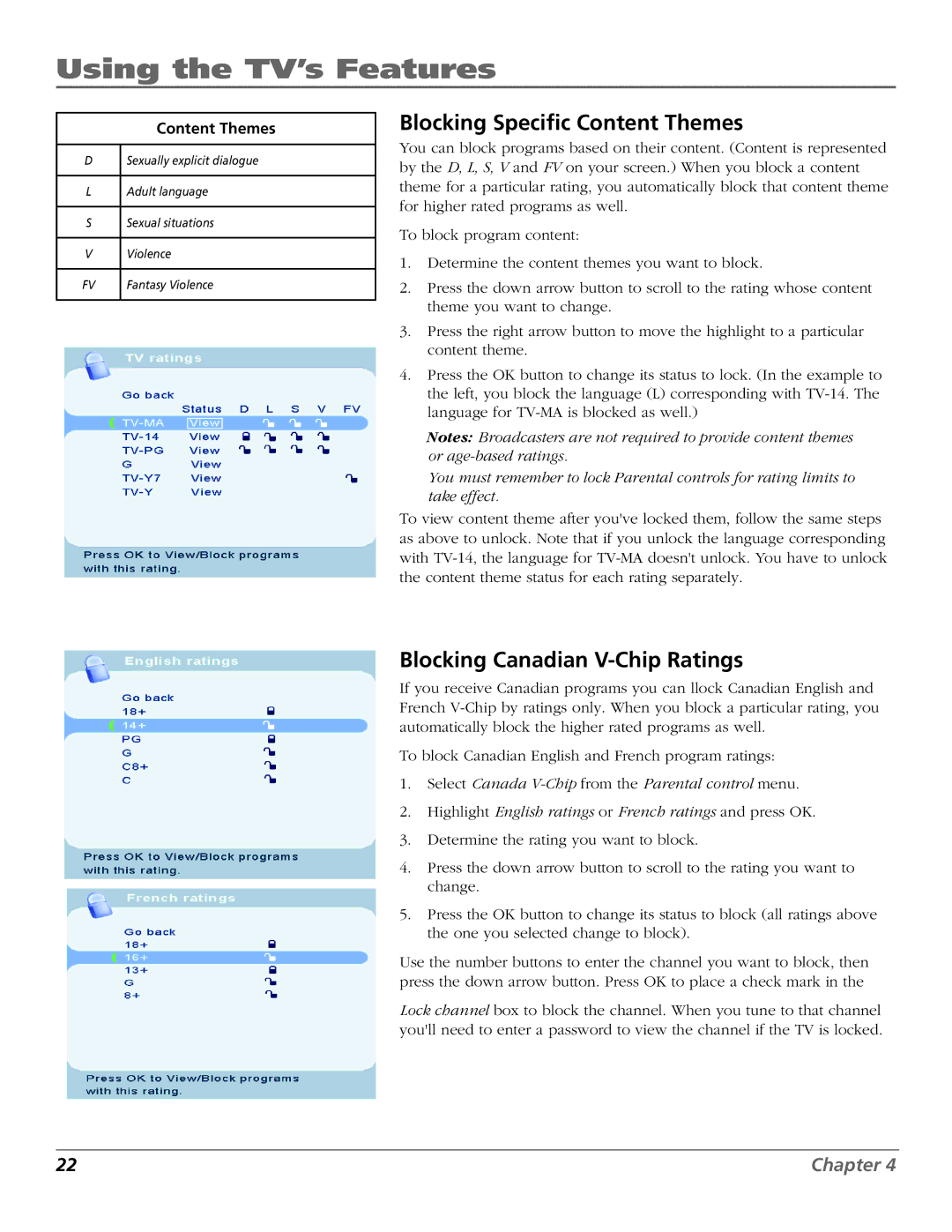 RCA J32L637 manual Blocking Specific Content Themes, Blocking Canadian V-Chip Ratings 