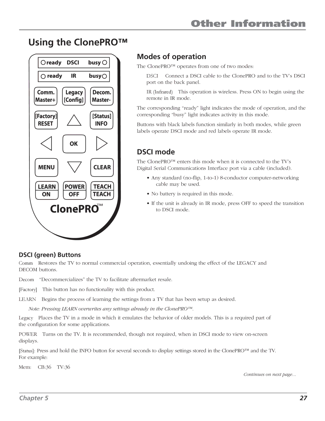 RCA J32L637 manual Other Information, Using the ClonePRO, Modes of operation, Dsci mode, Dsci green Buttons 