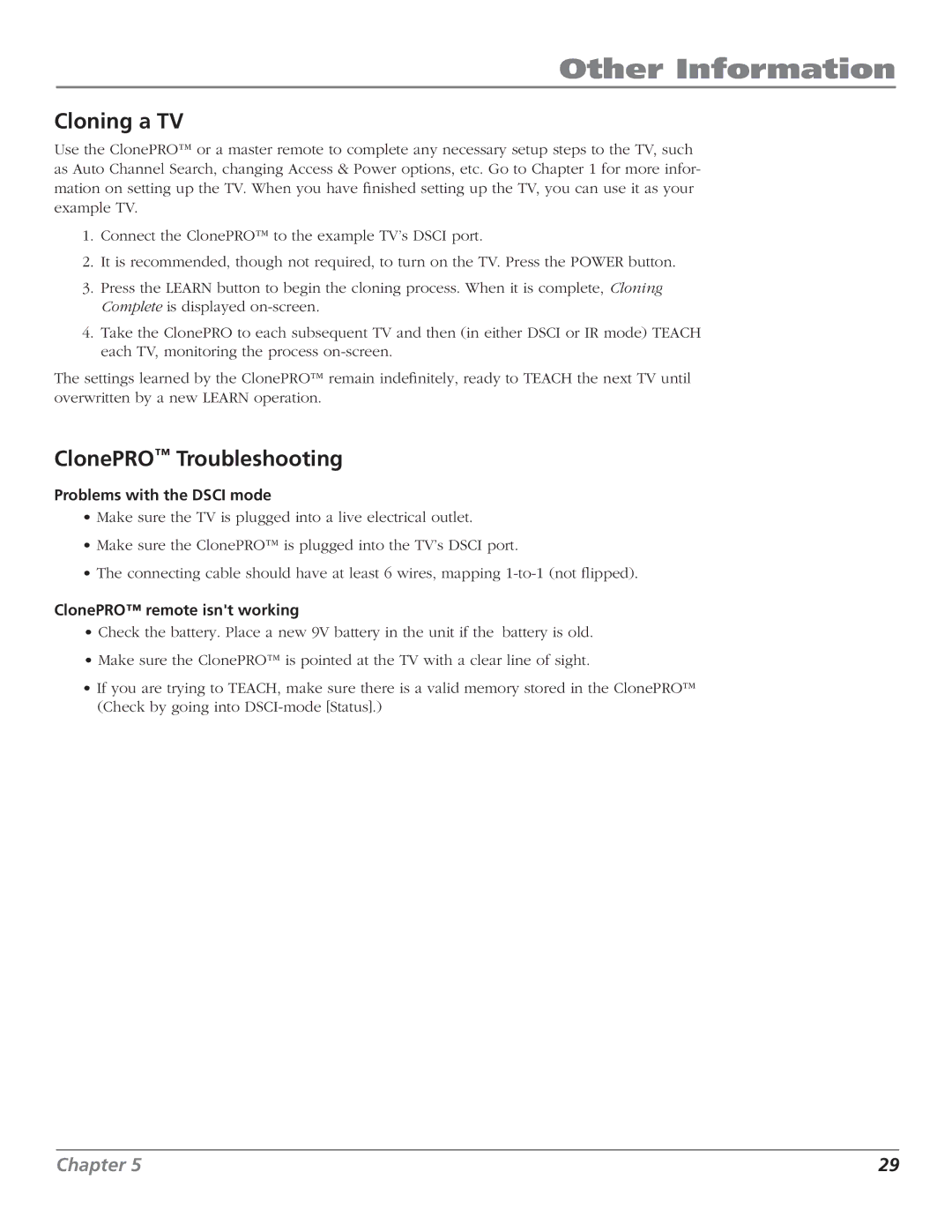 RCA J32L637 manual Cloning a TV, ClonePRO Troubleshooting 