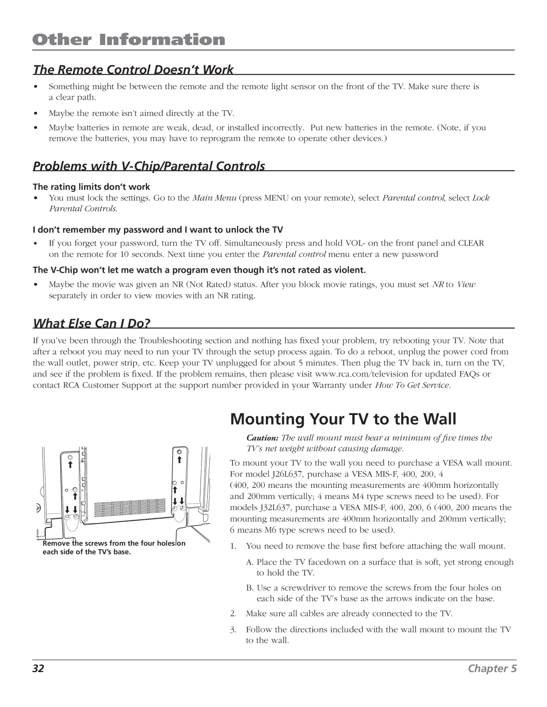 RCA J32L637 manual Mounting Your TV to the Wall, Remote Control Doesn’t Work 