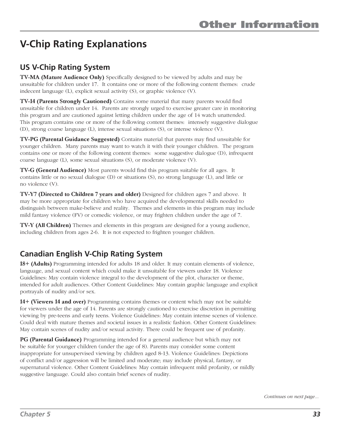 RCA J32L637 manual Chip Rating Explanations, US V-Chip Rating System, Canadian English V-Chip Rating System 