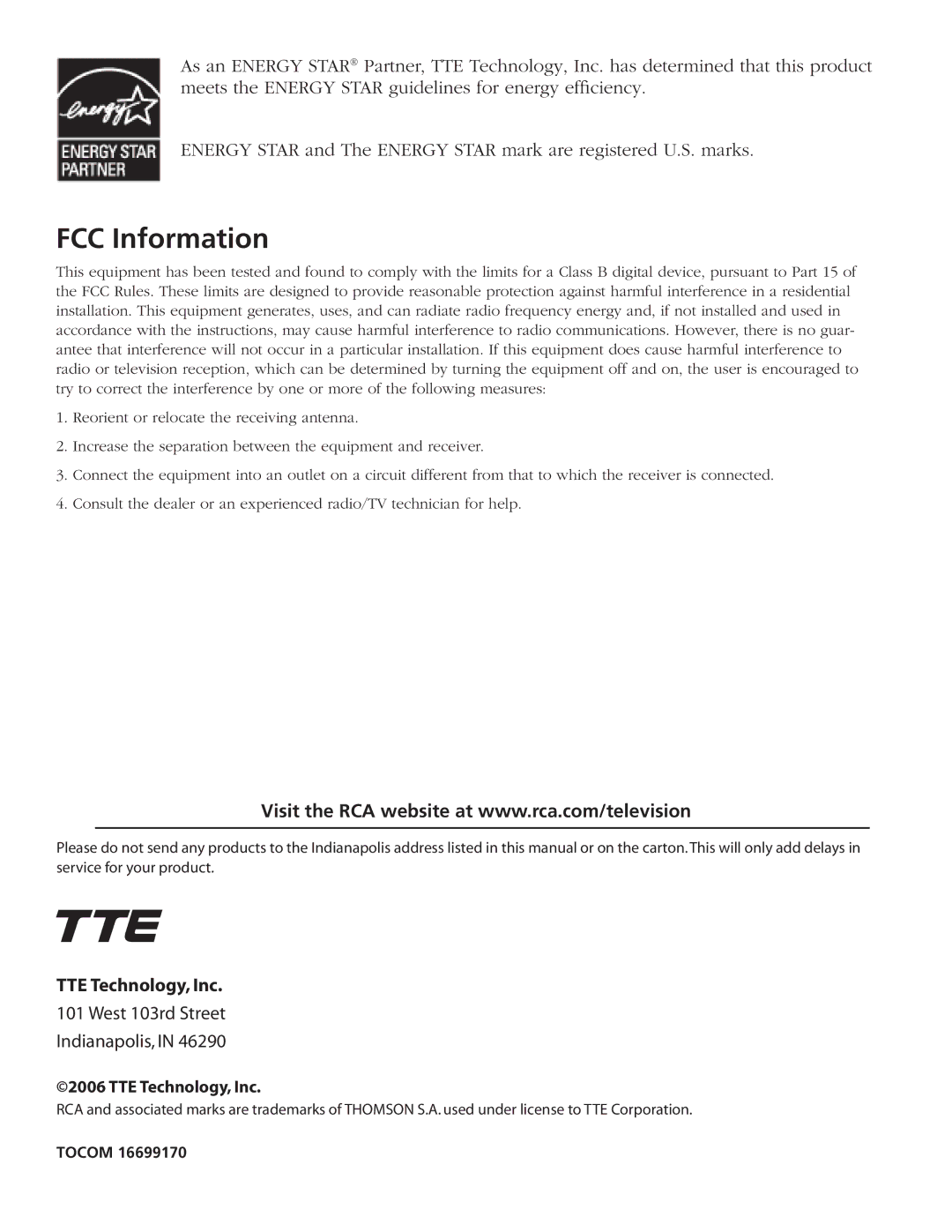 RCA J32L637 manual FCC Information, TTE Technology, Inc 