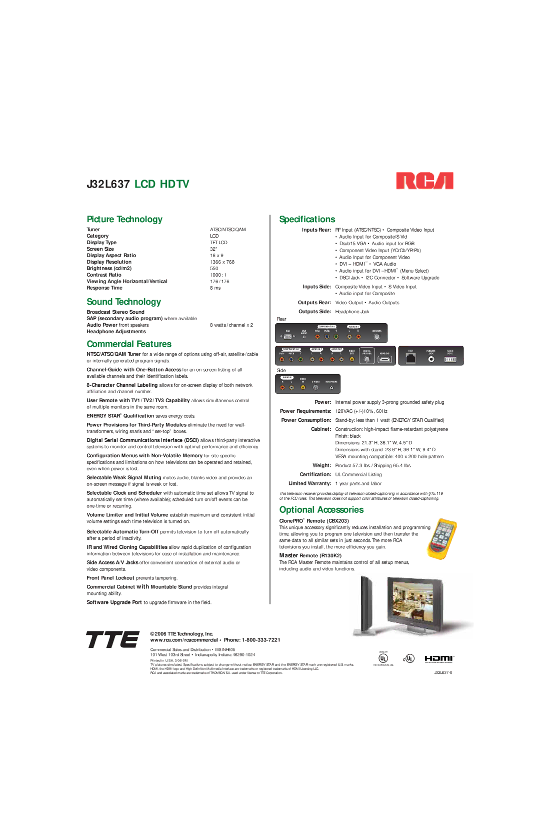 RCA J32L637L manual Picture Technology, Sound Technology, Commercial Features, Specifications, Optional Accessories 