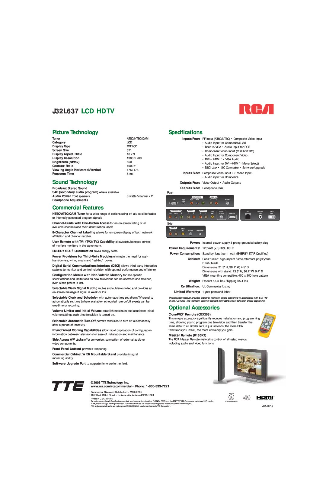 RCA J32L637L manual J32L637 LCD HDTV, Picture Technology, Sound Technology, Commercial Features, Specifications 