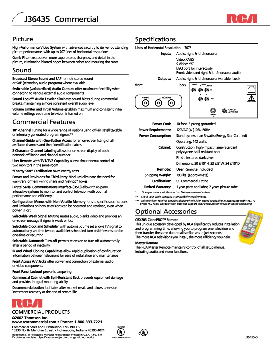 RCA J36435 Commercial, Picture, Sound, Commercial Features, Specifications, Optional Accessories, Commercial Products 