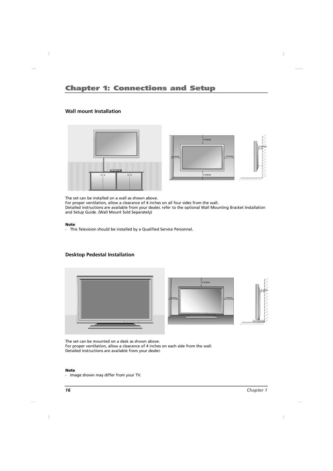 RCA J32C750, J42C750, J26C700 manual Wall mount Installation, Desktop Pedestal Installation 