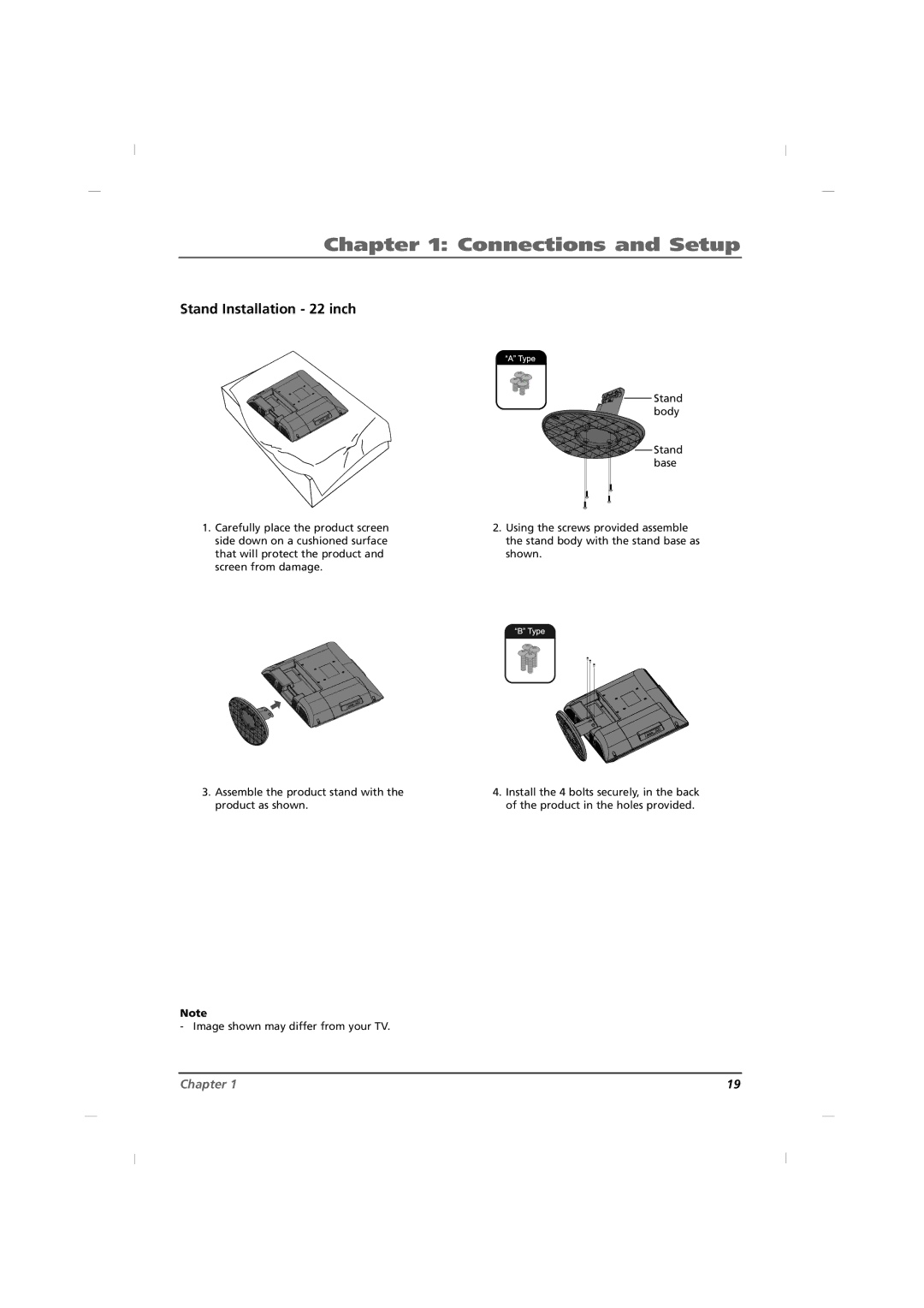 RCA J32C750, J42C750, J26C700 manual Stand Installation 22 inch 