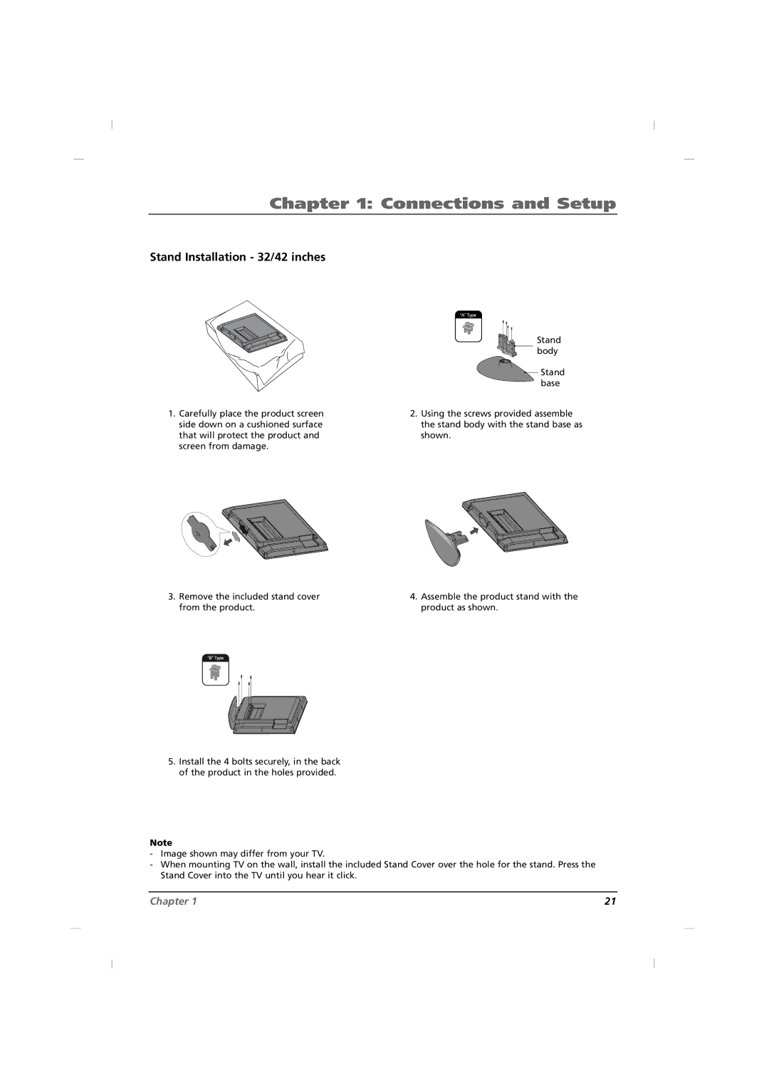 RCA J42C750, J32C750, J26C700 manual Stand Installation 32/42 inches 