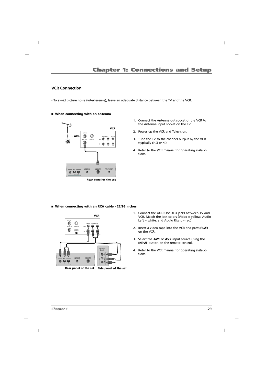 RCA J26C700, J42C750 manual VCR Connection, When connecting with an antenna, When connecting with an RCA cable 22/26 inches 