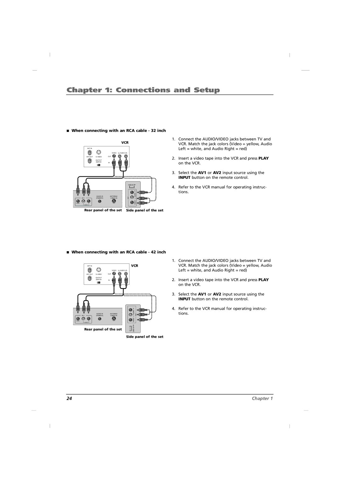 RCA J42C750, J32C750, J26C700 manual When connecting with an RCA cable 32 inch, When connecting with an RCA cable 42 inch 