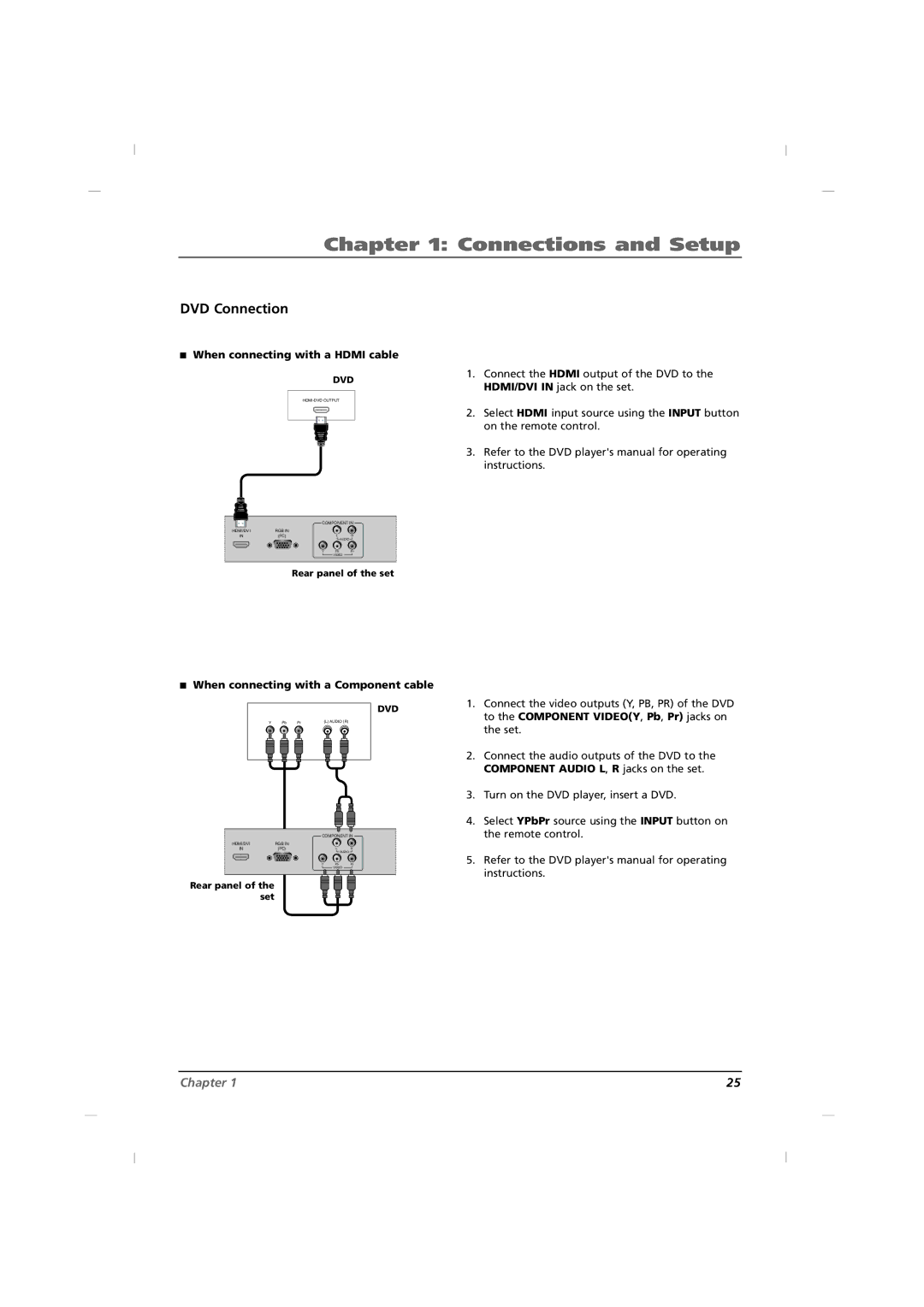 RCA J32C750, J42C750, J26C700 DVD Connection, When connecting with a Hdmi cable, When connecting with a Component cable 