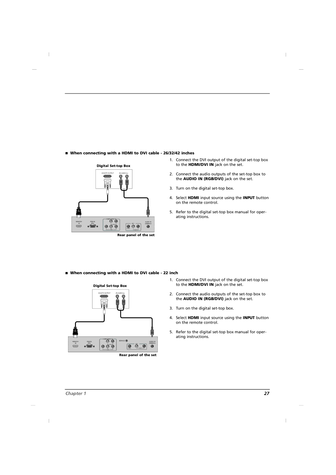 RCA J42C750 When connecting with a Hdmi to DVI cable 26/32/42 inches, When connecting with a Hdmi to DVI cable 22 inch 