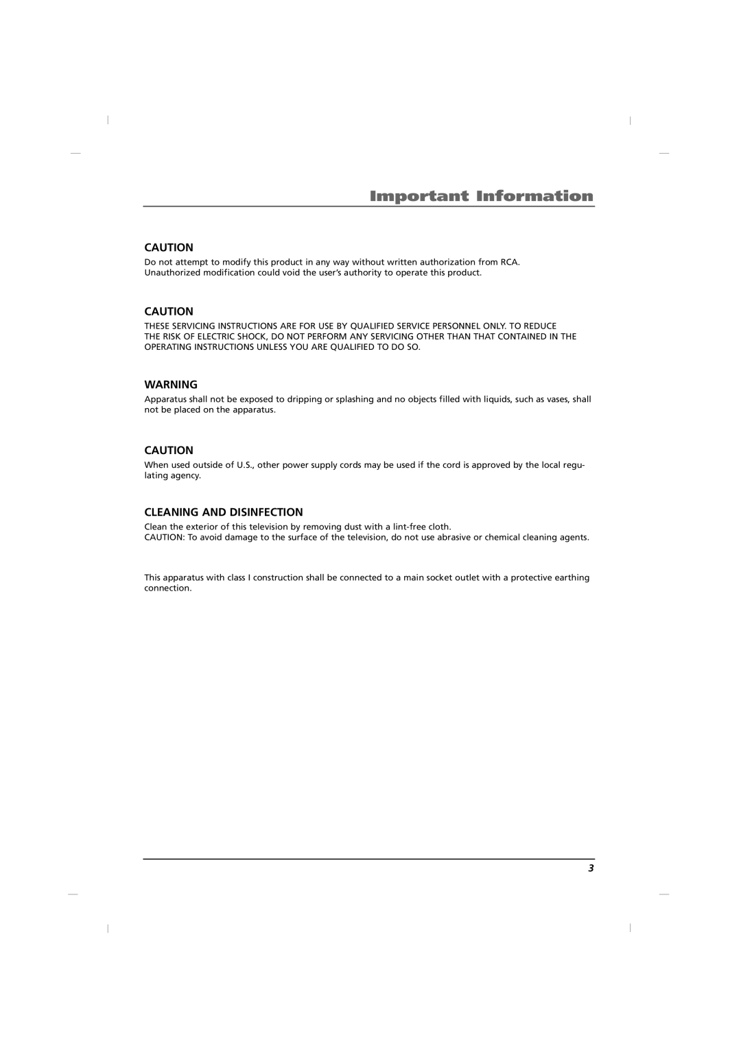 RCA J42C750, J32C750, J26C700 manual Cleaning and Disinfection 