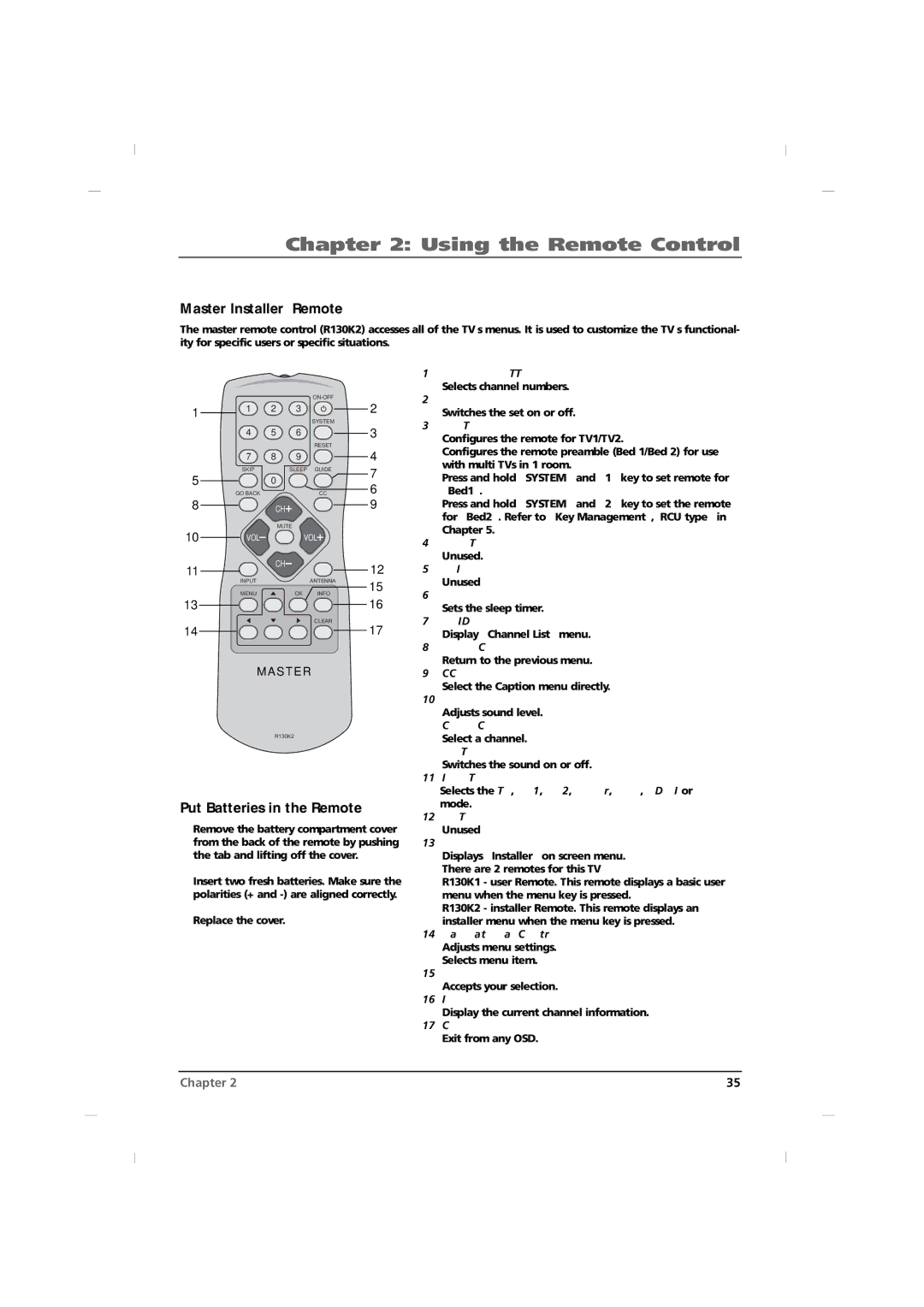 RCA J26C700 manual Using the Remote Control, MasterInstaller Remote, Put Batteries in the Remote, Reset Unused 12 5. Skip 