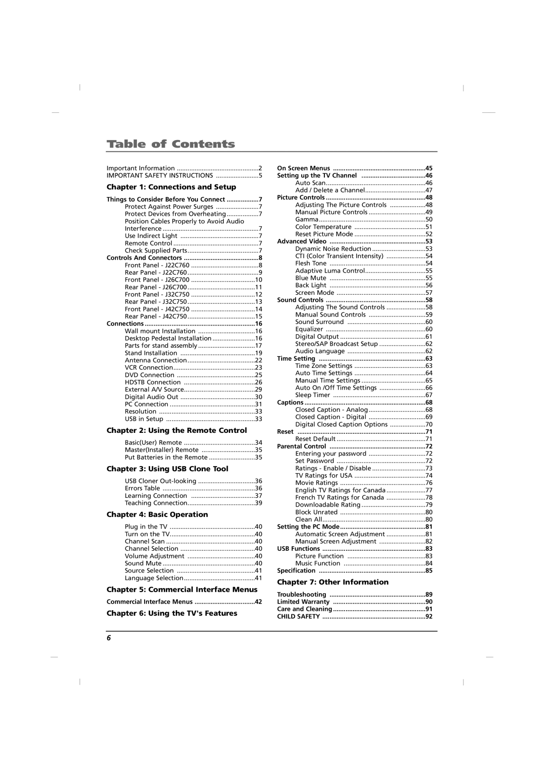 RCA J42C750, J32C750, J26C700 manual Table of Contents 