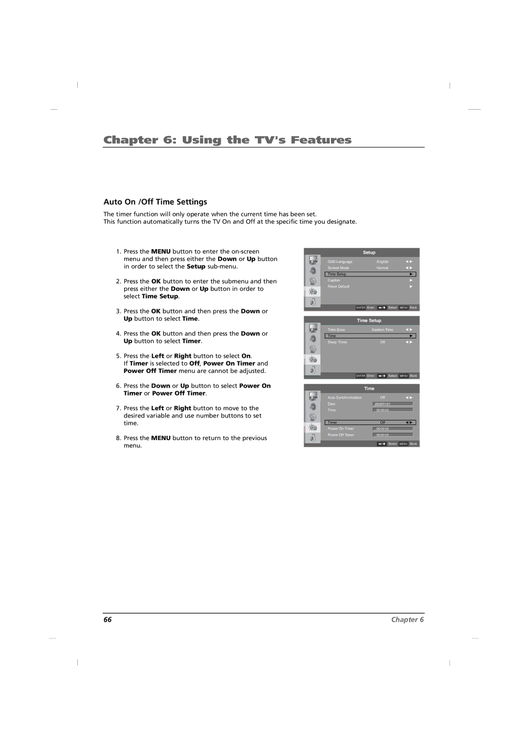 RCA J42C750, J32C750, J26C700 manual Auto On /Off Time Settings 