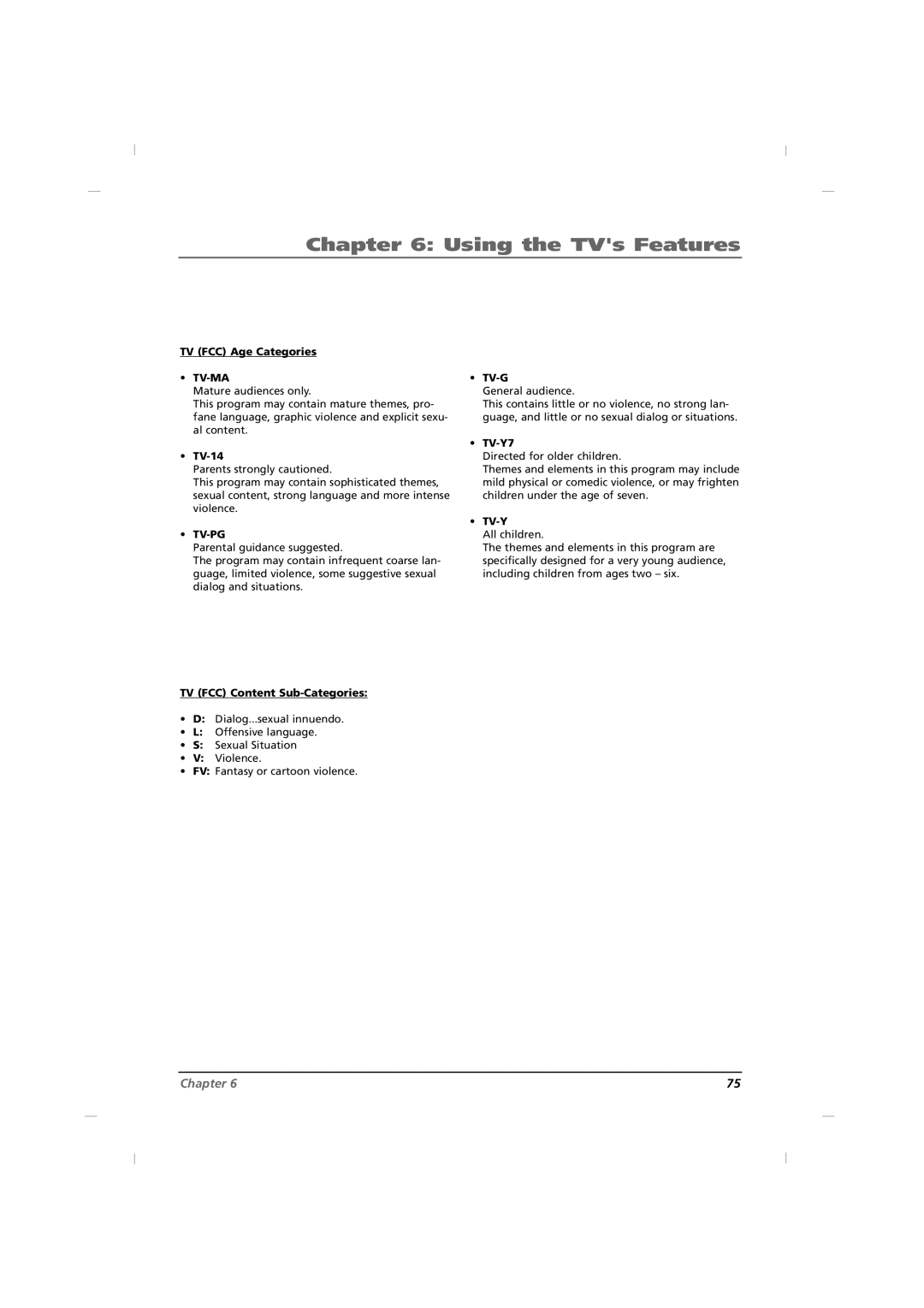 RCA J42C750, J32C750, J26C700 manual TV FCC Age Categories, TV-14, TV FCC Content Sub-Categories, Tv-G, TV-Y7, Tv-Y 